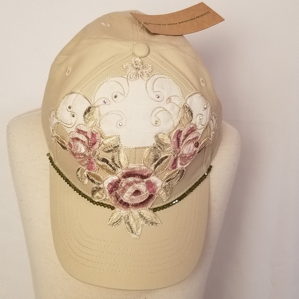 Handcrafted Women's Floral Appliqued Baseball Cap with Swarovski Crystals. OS